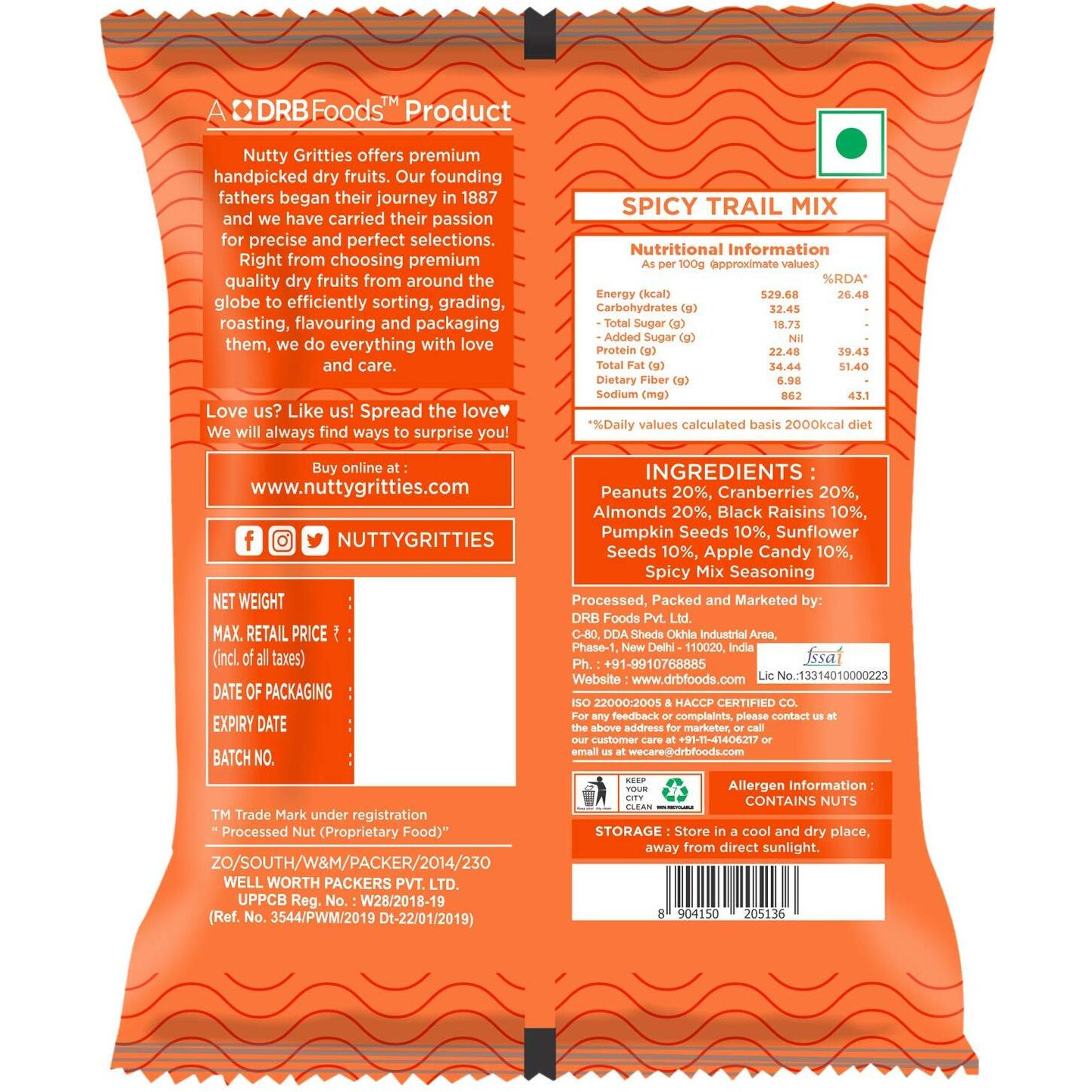 Nutty Gritties Spicy Trail Mix Healthy Snack, Zero Oil, Crunchy, Tasty (Pack of 10-24g each), 240g