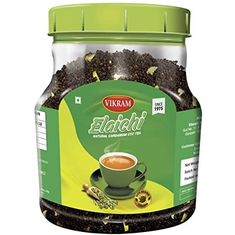 VIKRAM Elaichi Ctc Tea|Enriched With 100% Natural Ground Cardamom (Elaichi)|Refreshing & Aroma|No Added Essence-500 Grams Jar-Assam, 500 Grams