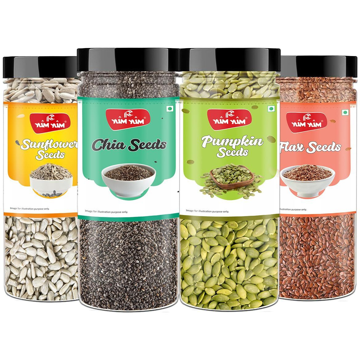 YUM YUM Healthy Edible Seeds Combo for Eating 800g (Pack of 4-200g Jar Each) Roasted Seeds Mix (Chia, Sunflower, Pumpkin, FlaxSeed) - Mixed Seeds | Diet Snacks| Boost Immunity | Mix Seeds