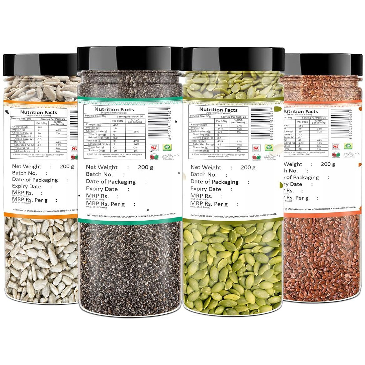 YUM YUM Healthy Edible Seeds Combo for Eating 800g (Pack of 4-200g Jar Each) Roasted Seeds Mix (Chia, Sunflower, Pumpkin, FlaxSeed) - Mixed Seeds | Diet Snacks| Boost Immunity | Mix Seeds
