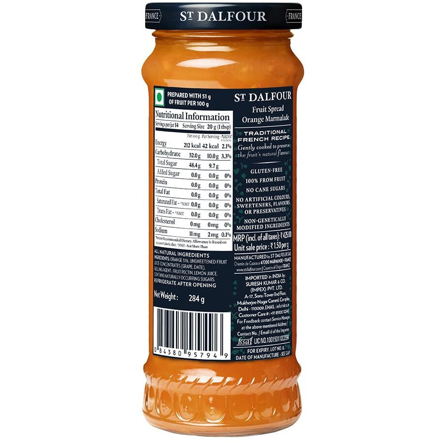 ST. DALFOUR Orange Marmalade Fruit Spread 284 G, No Added Sugar, 100% From Fruit, No Added Preservatives, Colours, Flavors Or Sweeteners, No Corn Syrup, Traditional French Recipe