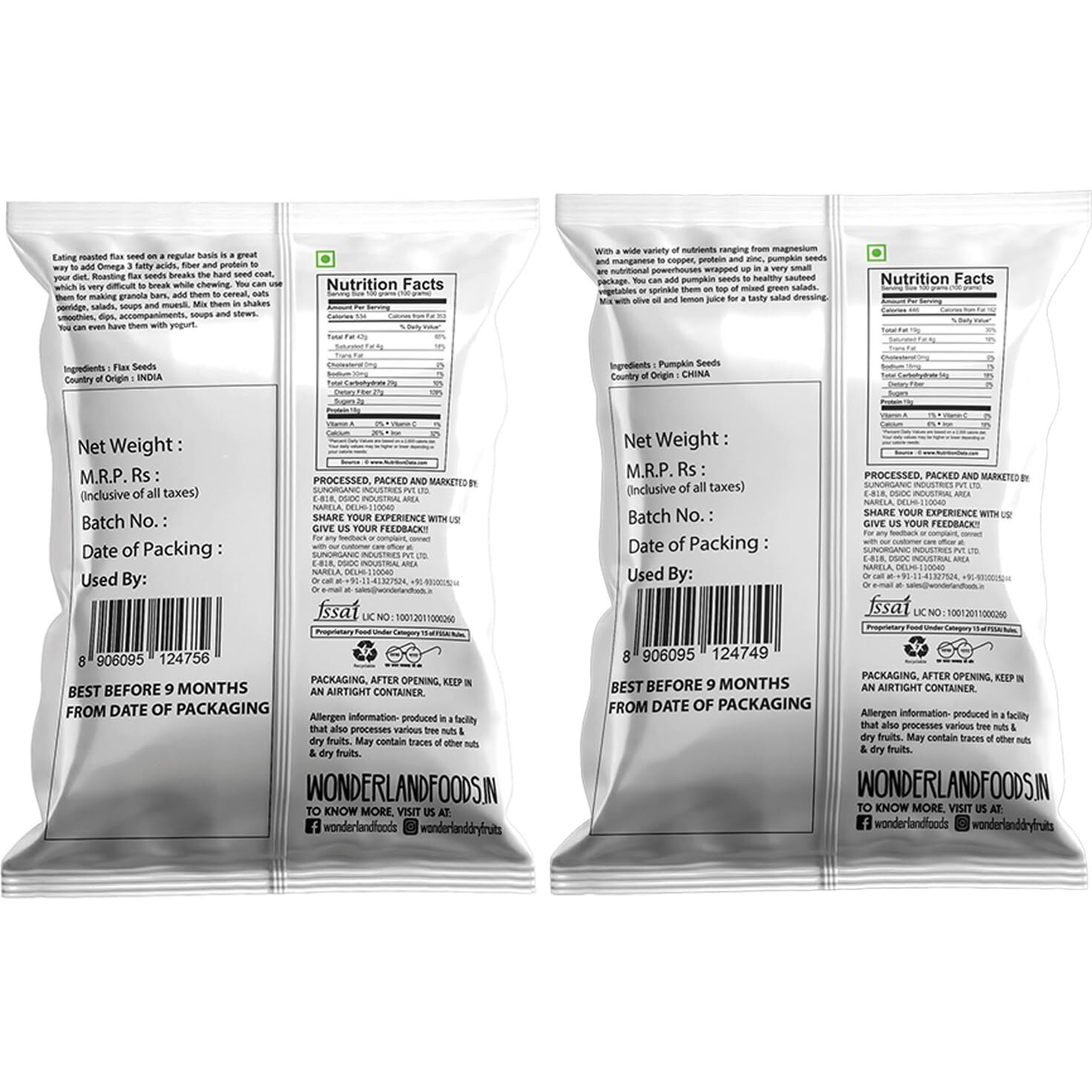 WONDERLAND FOODS Healthy I Raw (Unroasted) Flax & Pumpkin Seeds 300g Pouch Combo Pack (150g X 2)