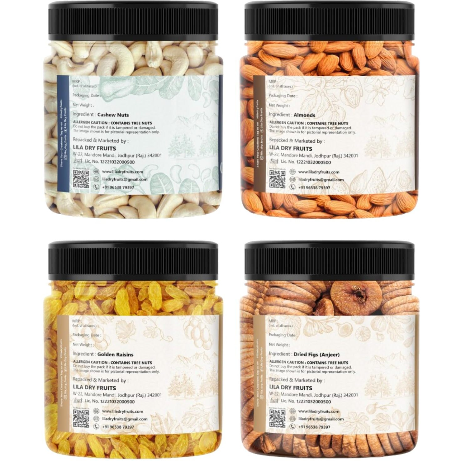 Lila Dry Fruits Combo (250 Gms x 4) Jar pack | Premium DryFruits Cashew Almond Fig Raisin | Daily Snacks for Healthy Diet | Rich in Protiens Minerals | Nutritious & Delicious Kaju Badam Anjeer Kishmis