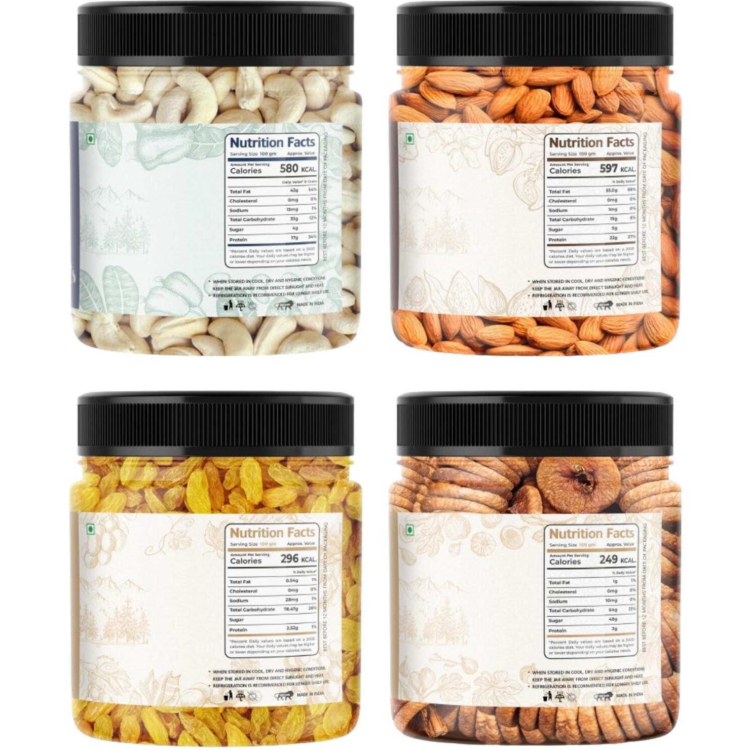 Lila Dry Fruits Combo (250 Gms x 4) Jar pack | Premium DryFruits Cashew Almond Fig Raisin | Daily Snacks for Healthy Diet | Rich in Protiens Minerals | Nutritious & Delicious Kaju Badam Anjeer Kishmis