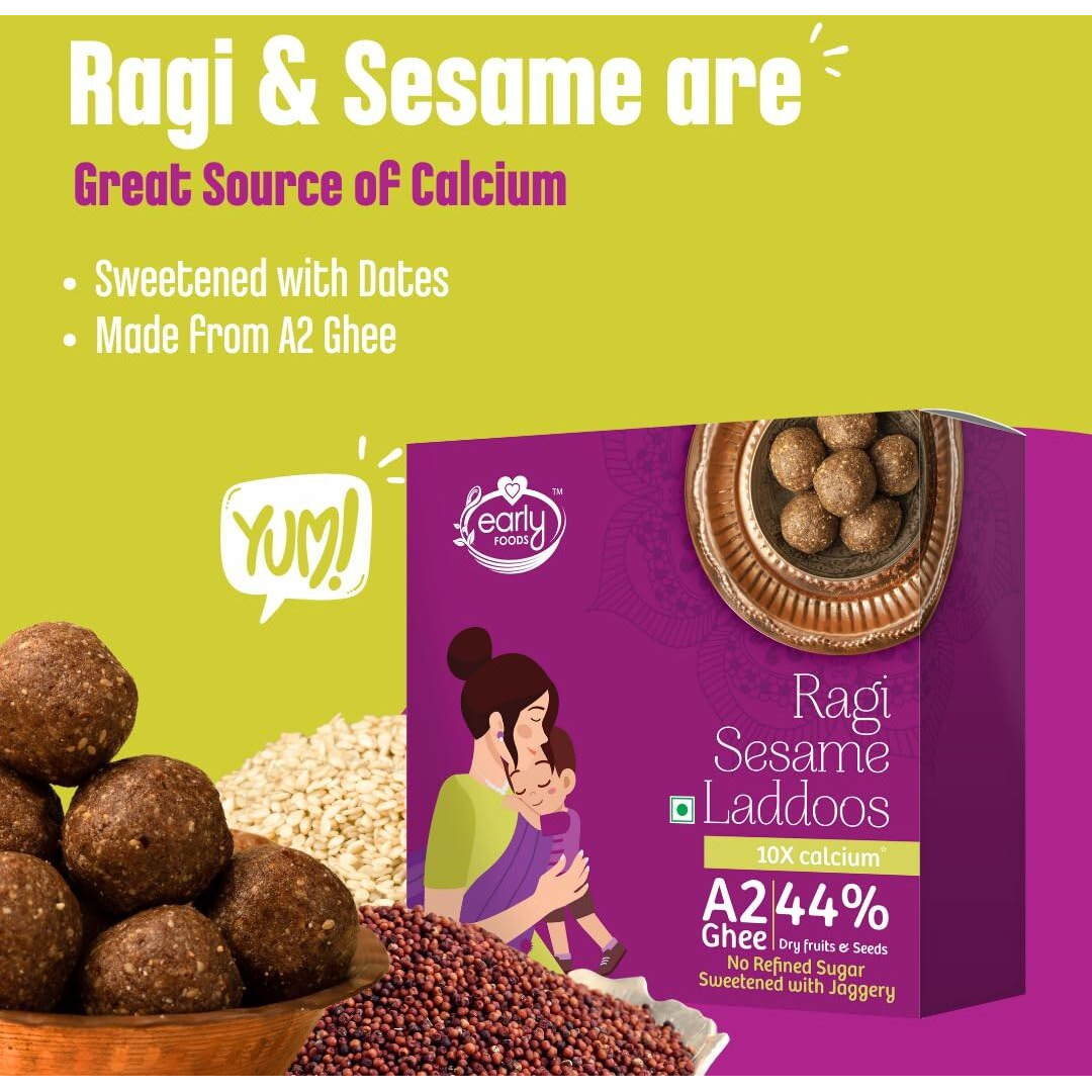 Early Foods Ragi Sesame Laddoo  A2 Ghee Ragi Til Laddu With Jaggery | Sugar Free Laddu | Desi Ghee Laddoos | Ragi & Til Laddu | Postpartum Ladoo | Nuvvula Laddu, 250 Gram