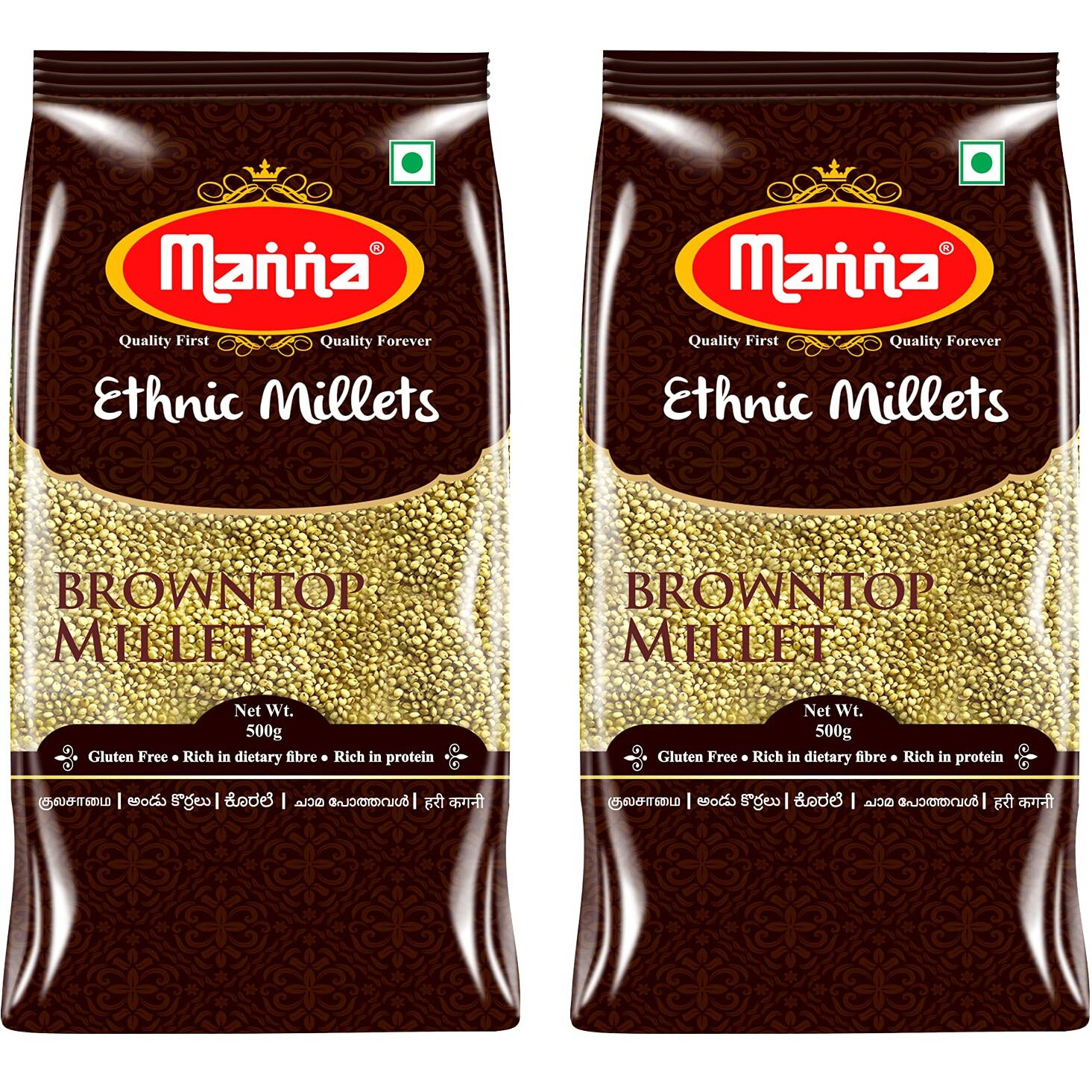 Manna Browntop Millet (Unpolished) Natural Grains, 1kg (500g x 2 Packs) - (Chotti Kangni/Andu Korralu/Korale) | Native Low GI Millet Rice | High Protein & 100% more Fibre than Rice