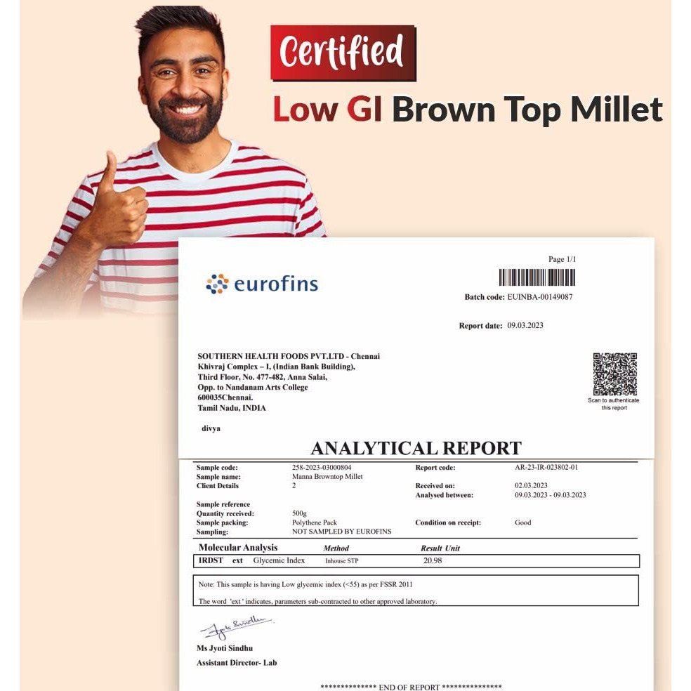 Manna Browntop Millet (Unpolished) Natural Grains, 1kg (500g x 2 Packs) - (Chotti Kangni/Andu Korralu/Korale) | Native Low GI Millet Rice | High Protein & 100% more Fibre than Rice