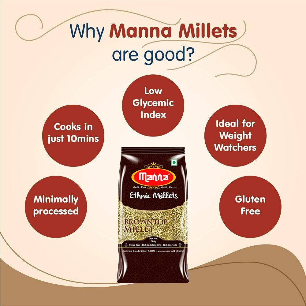 Manna Browntop Millet (Unpolished) Natural Grains, 1kg (500g x 2 Packs) - (Chotti Kangni/Andu Korralu/Korale) | Native Low GI Millet Rice | High Protein & 100% more Fibre than Rice