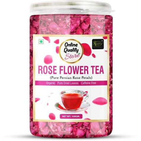 Online Quality Store Organic Rose Flower Tea - 100g | Pure Persian Rose Petals | Caffeine Free Herbal Tea | Use for Iced Tea, Cocktails | Cures Sore throat |Rose Tea |Dried Leaves Rose Herbal Tea