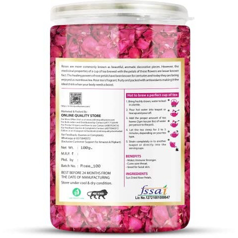 Online Quality Store Organic Rose Flower Tea - 100g | Pure Persian Rose Petals | Caffeine Free Herbal Tea | Use for Iced Tea, Cocktails | Cures Sore throat |Rose Tea |Dried Leaves Rose Herbal Tea
