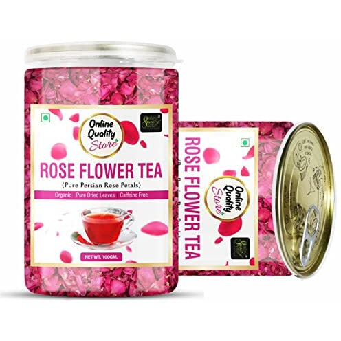 Online Quality Store Organic Rose Flower Tea - 100g | Pure Persian Rose Petals | Caffeine Free Herbal Tea | Use for Iced Tea, Cocktails | Cures Sore throat |Rose Tea |Dried Leaves Rose Herbal Tea