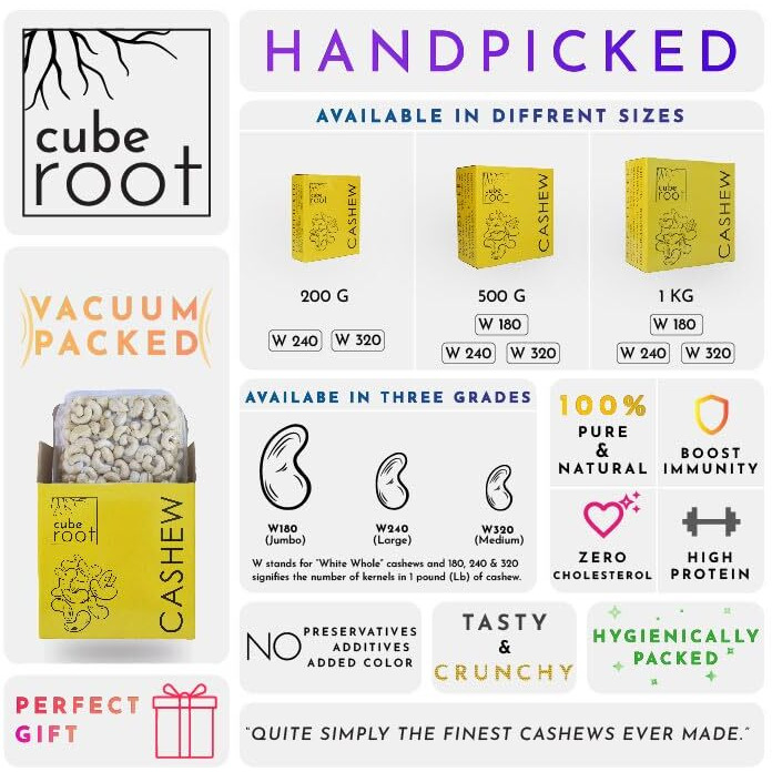 Cube Root 100% Natural Whole Cashew Nuts 500g, W180 Grade (Large size), Vacuum Pack, Dry Fruits
