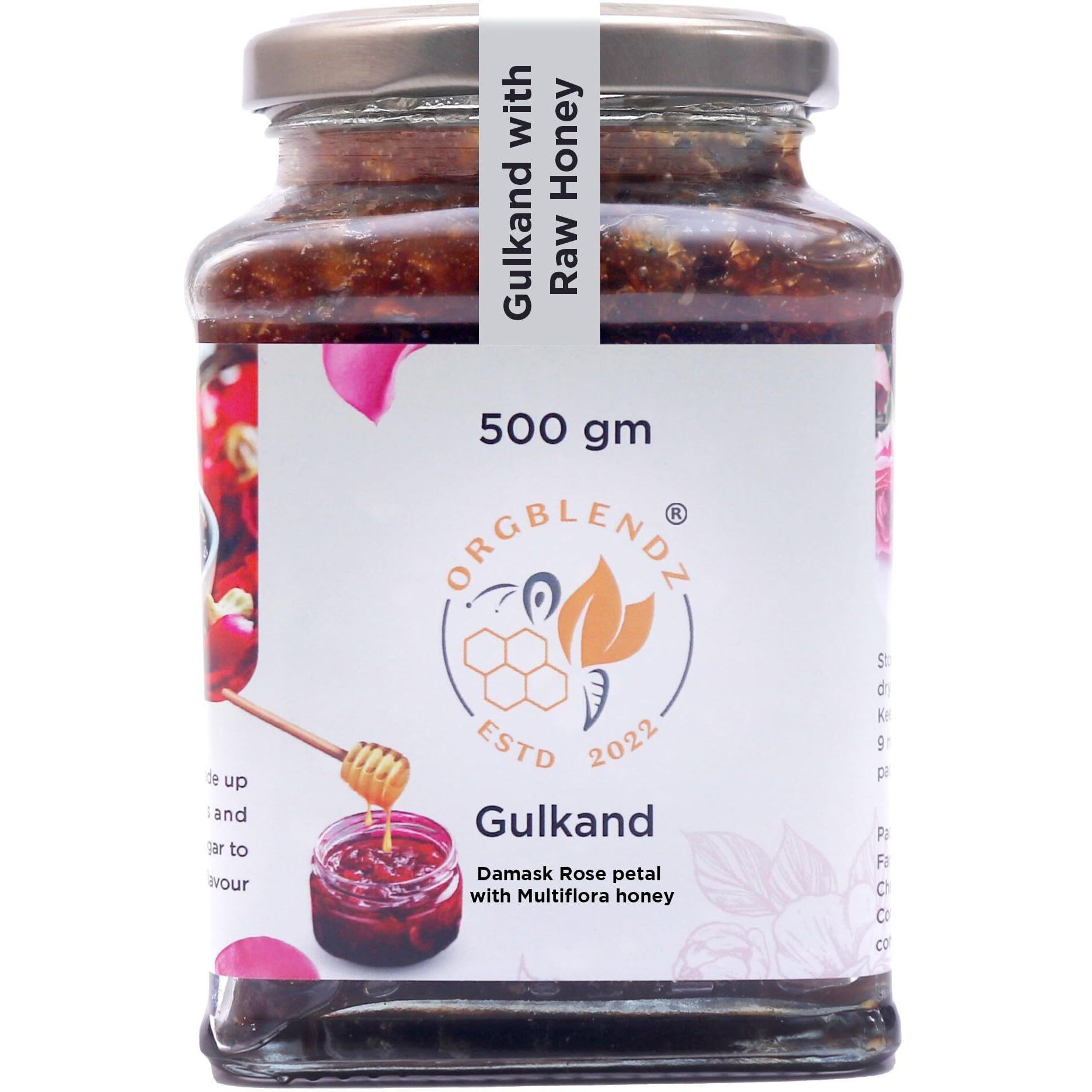 ORGBLENDZ- Gulkand Organic without Sugar 500Gm |Sugarfree Jam| Honey with rose petals Sun Cooked|Good for Gut Health | Natural Coolant | No artificial chemicals or preservatives