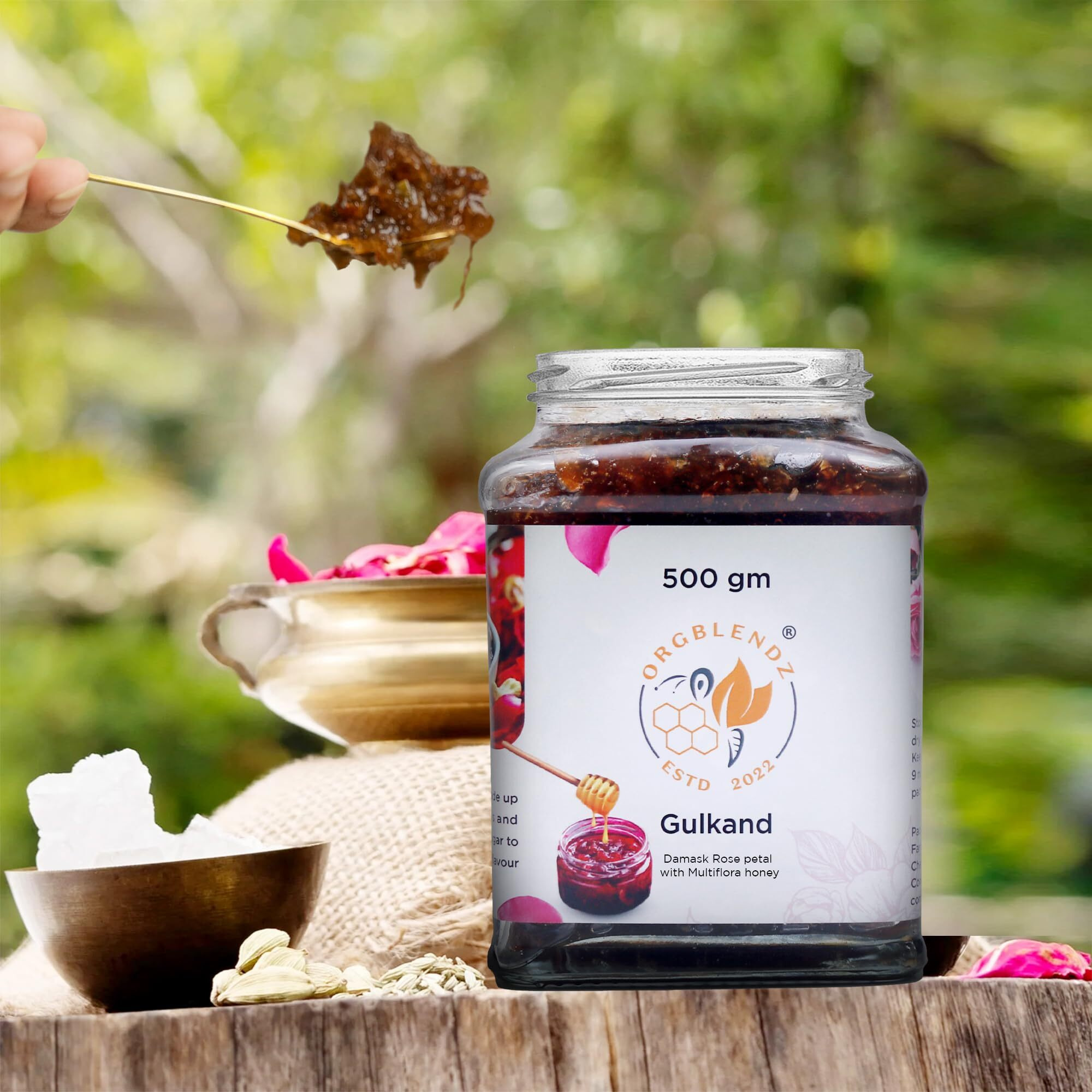 ORGBLENDZ- Gulkand Organic without Sugar 500Gm |Sugarfree Jam| Honey with rose petals Sun Cooked|Good for Gut Health | Natural Coolant | No artificial chemicals or preservatives