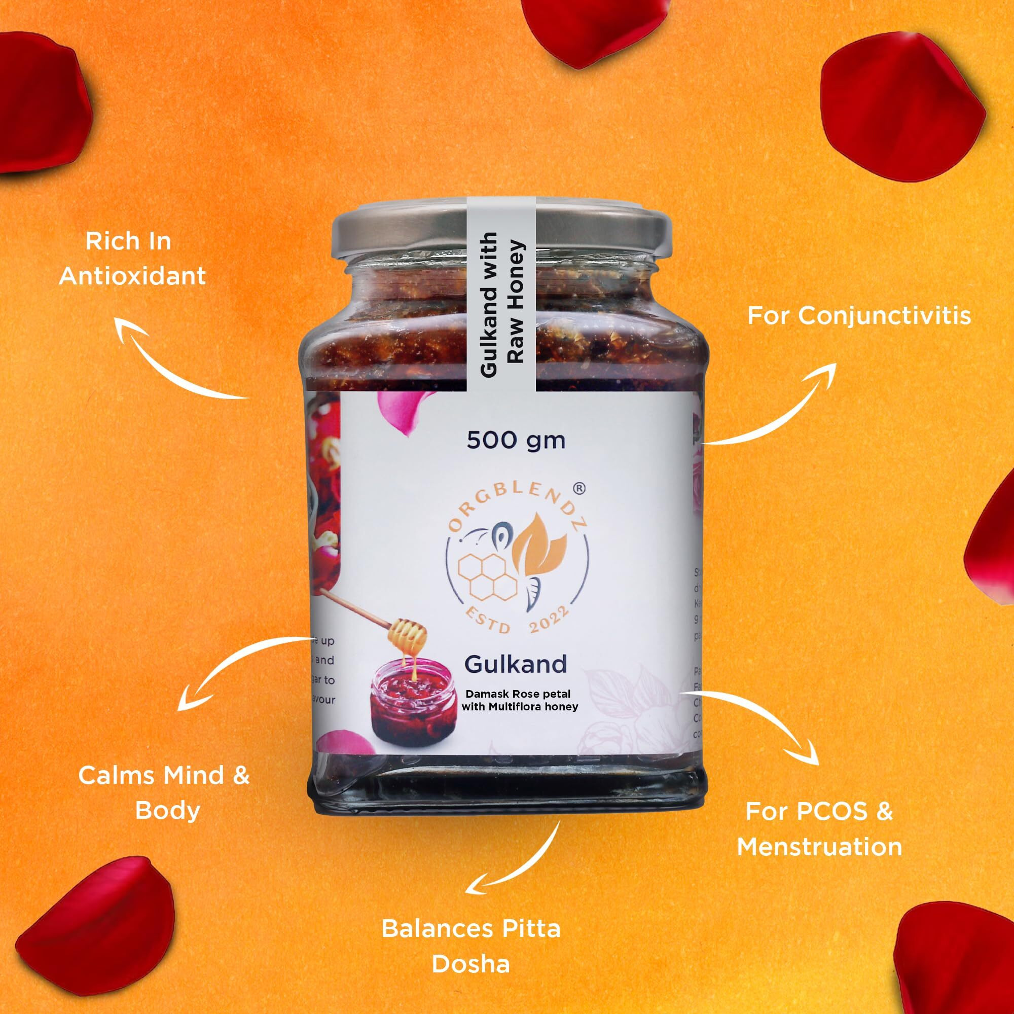 ORGBLENDZ- Gulkand Organic without Sugar 500Gm |Sugarfree Jam| Honey with rose petals Sun Cooked|Good for Gut Health | Natural Coolant | No artificial chemicals or preservatives