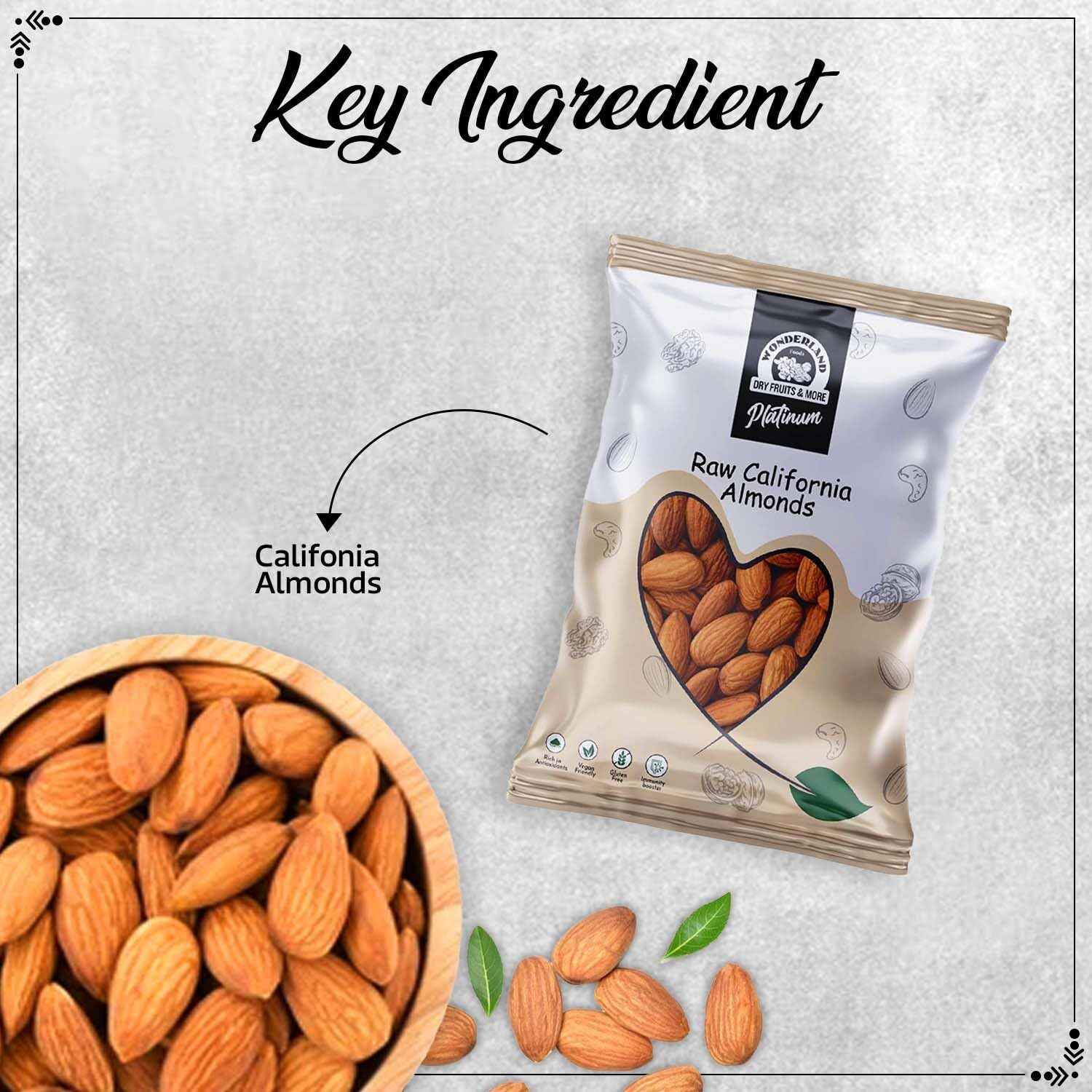 WONDERLAND FOODS Platinum California Almond (Badam) 1Kg (500g X2) Pouch