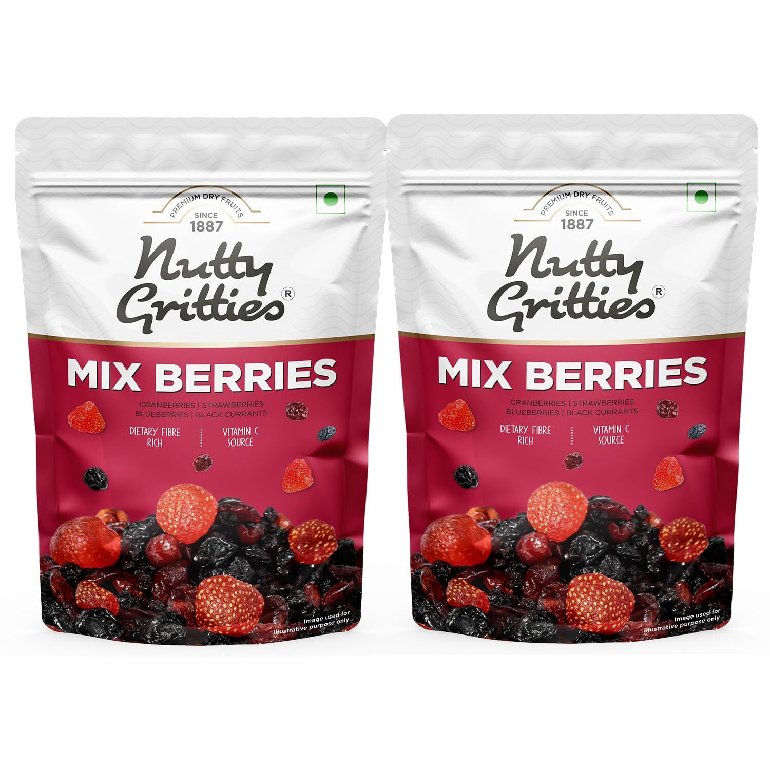 Nutty Gritties Mix Berries - Dried Cranberries, Blueberries, Strawberries, Black Currants - Healthy Snack for kids and adults - 200g (Pack of 2)