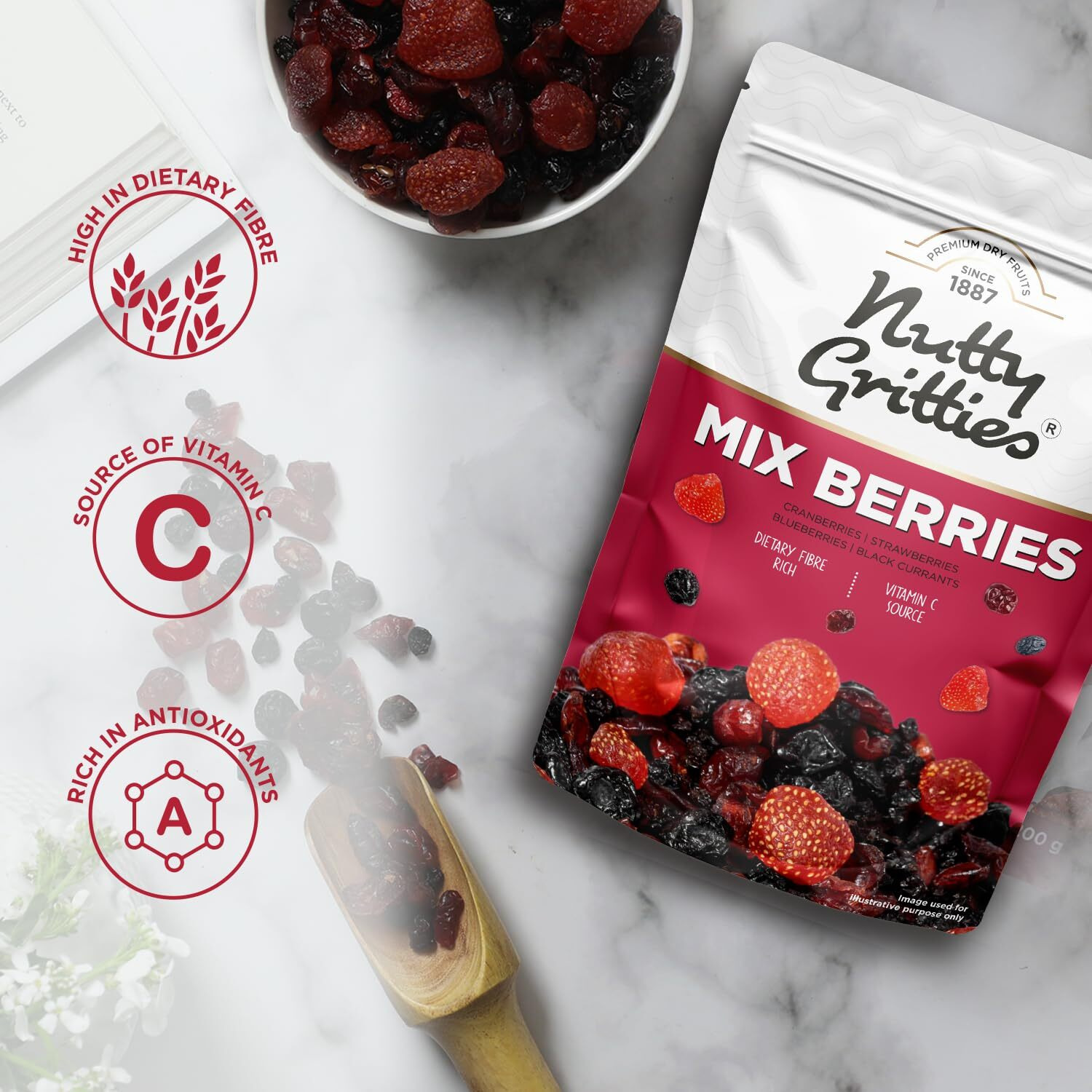 Nutty Gritties Mix Berries - Dried Cranberries, Blueberries, Strawberries, Black Currants - Healthy Snack for kids and adults - 200g (Pack of 2)
