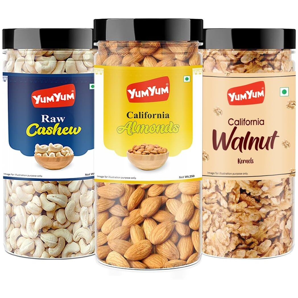 YUM YUM Dry fruits combo pack of Almonds, Cashew & Walnut | akhrot, kaju & badam 750gm - Almonds, Cashews, Walnuts