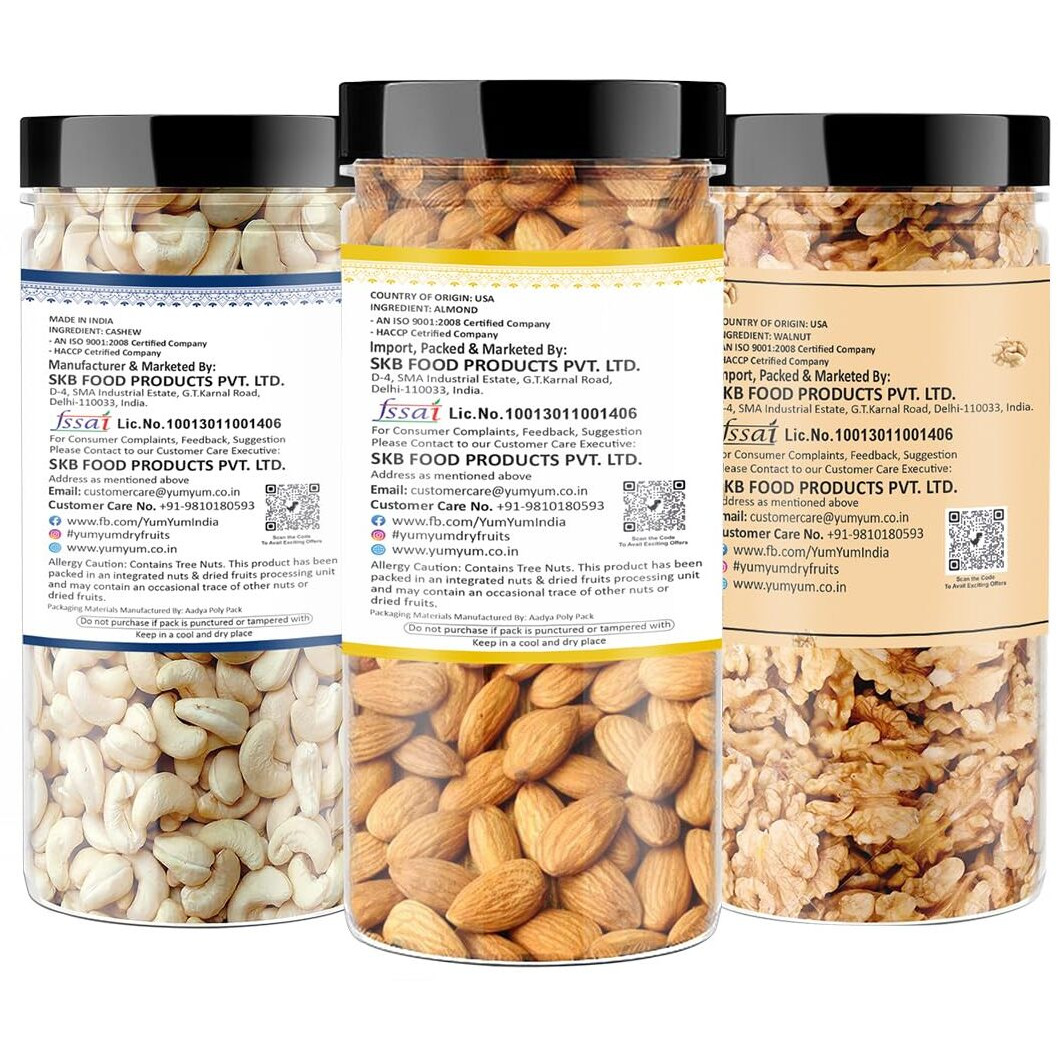 YUM YUM Dry fruits combo pack of Almonds, Cashew & Walnut | akhrot, kaju & badam 750gm - Almonds, Cashews, Walnuts