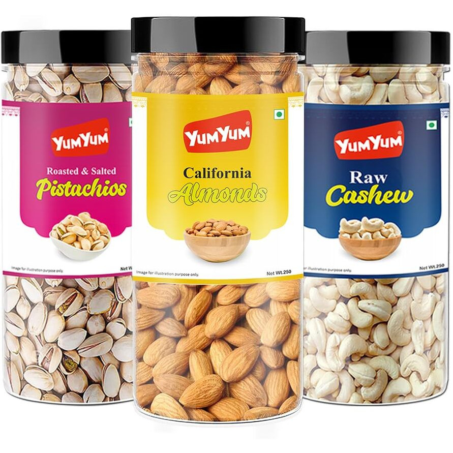 YUM YUM Premium Dry Fruits Combo Pack of 3 | California Almonds 250g, Whole Cashew Nut 250g, Roasted Salted Pistachios 250g| Total 750g | Healthy Dry Fruits Snacks | Badam, Kaju,Pista Dry fruit Combo