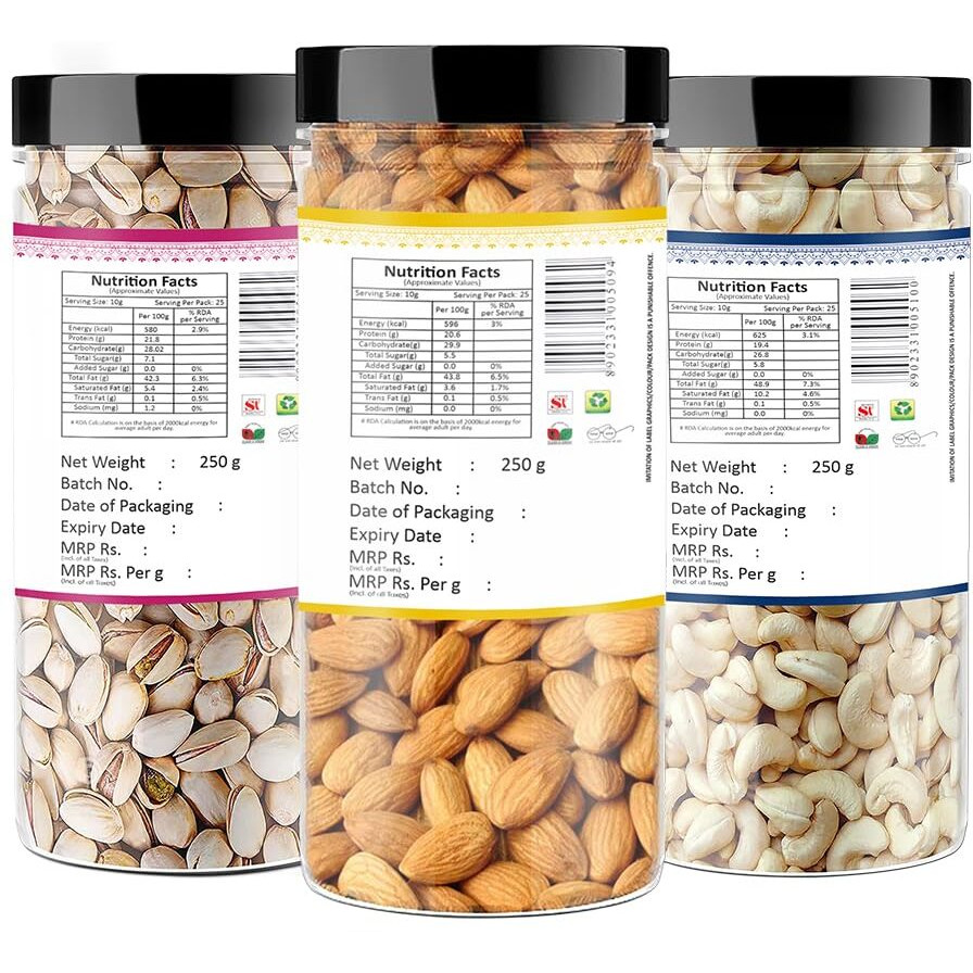 YUM YUM Premium Dry Fruits Combo Pack of 3 | California Almonds 250g, Whole Cashew Nut 250g, Roasted Salted Pistachios 250g| Total 750g | Healthy Dry Fruits Snacks | Badam, Kaju,Pista Dry fruit Combo