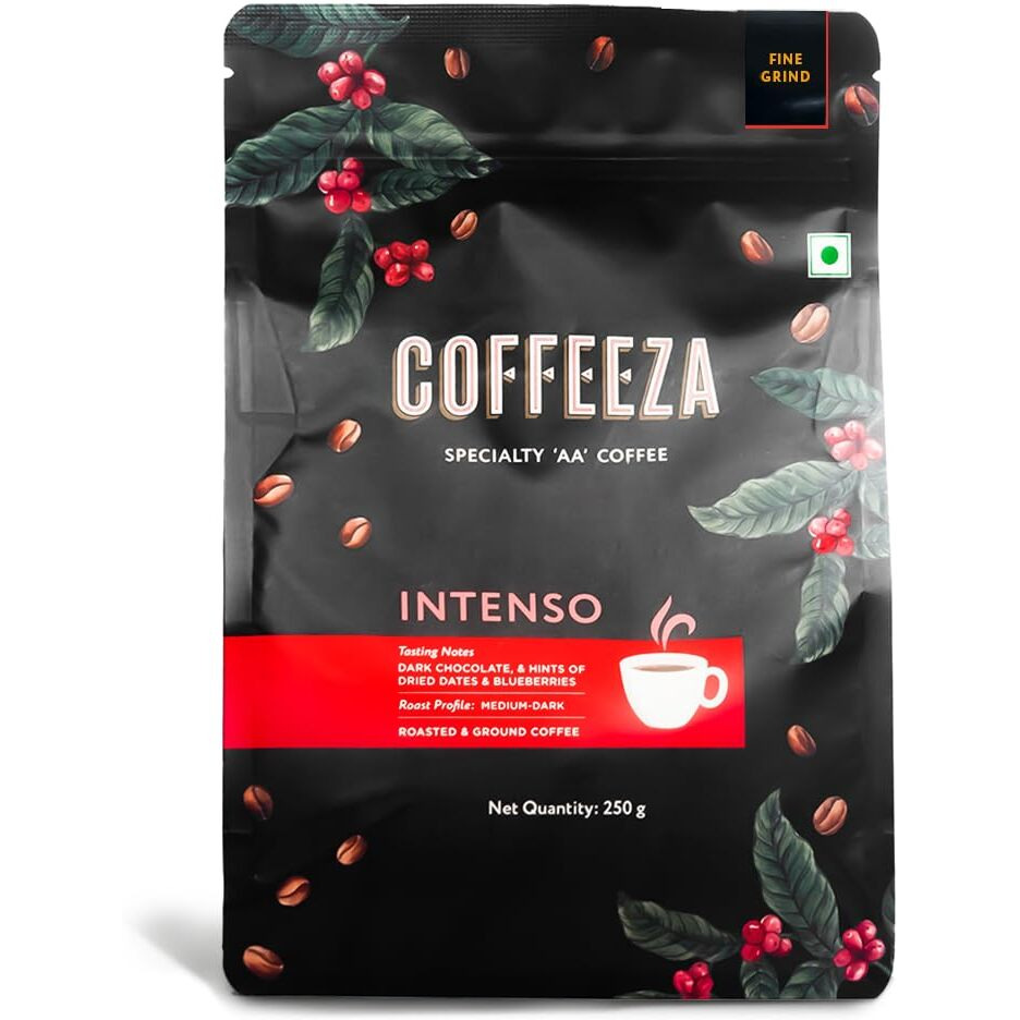 COFFEEZA Intenso Ground Coffee | Fine Grind (Espresso & Moka Pots) | Premium Grade, Medium-Dark Roasted Ground Coffee - 250Gm, Bag