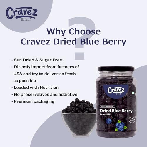 Cravez Dried Blueberries - 1000g, Sweet Berries | Dried Fruits | Rich in Calcium, Vitamin K | Healthy Skin | Boost Immunity | Vegan, Non-GMO, Preservative-Free | Blueberry Snacks