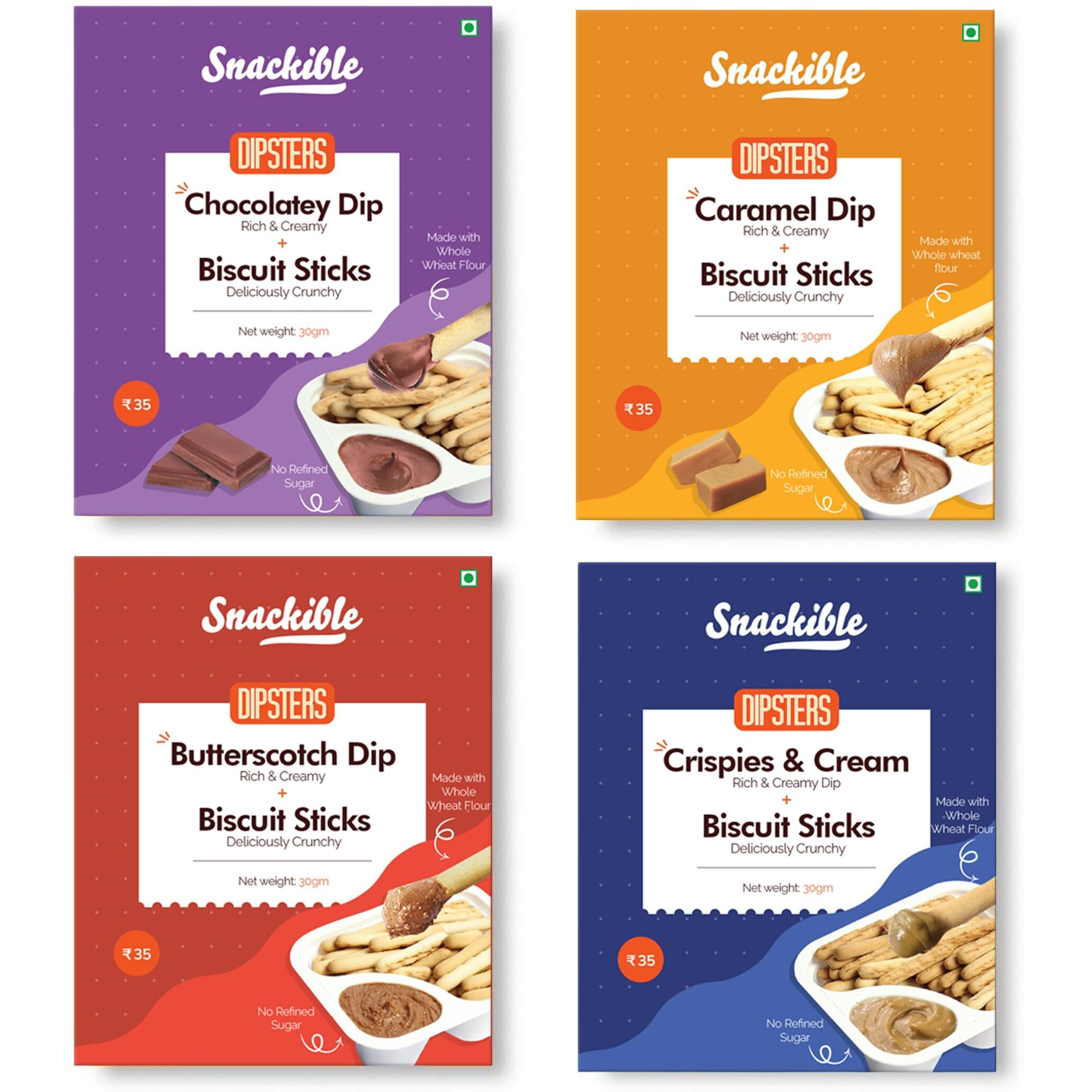 Snackible Dipsters Biscuit Sticks & Dip - Assorted Pack of 4 Flavours | Chocolatey, Butterscotch, Caramel, Crispies & Cream | (Pack of 12) - 12x30gm | Baked | Healthy Biscuit&Dip | Mixed Flavors |