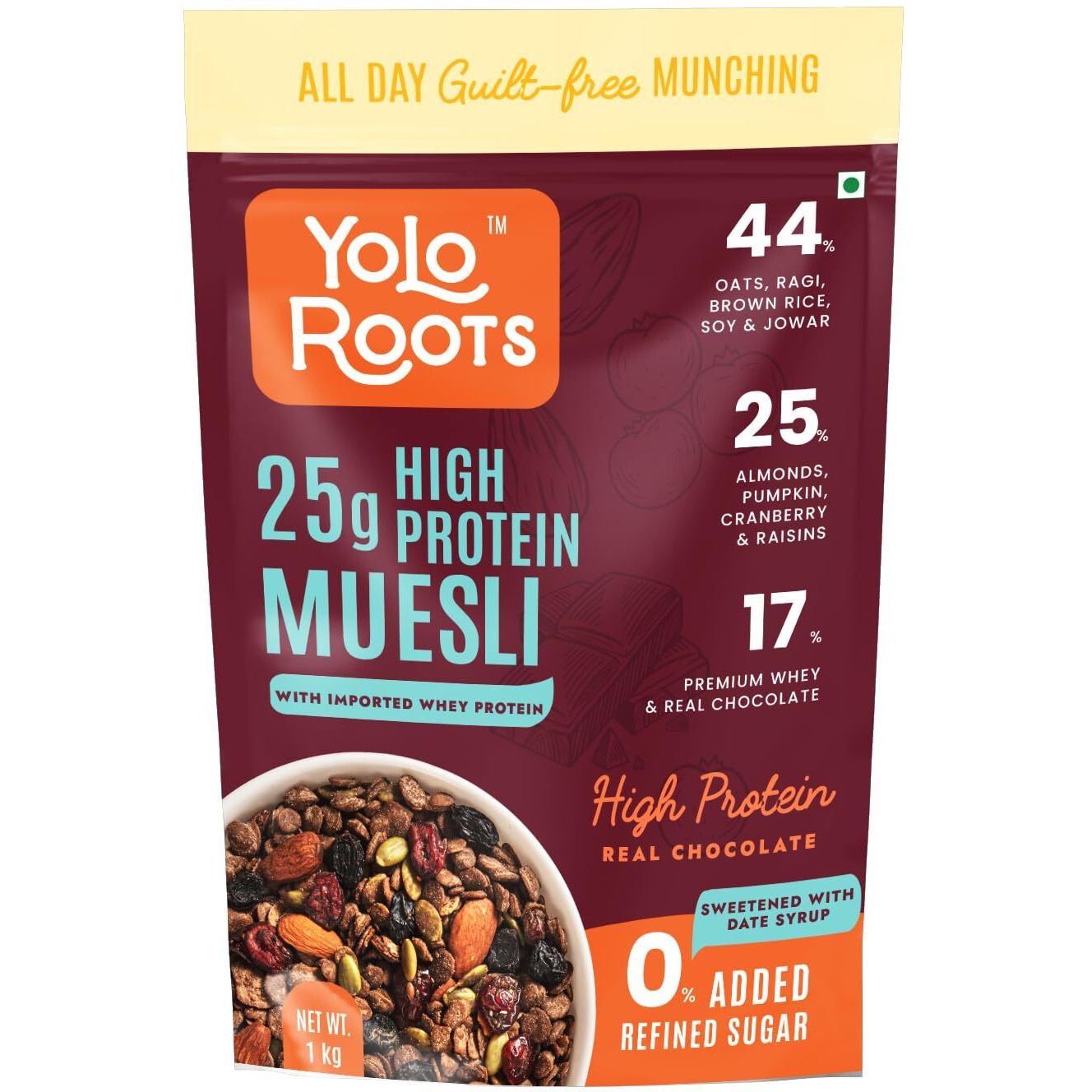 Yolo Roots High Protein Dark Chocolate Muesli 1 Kg | Indias 1st 25gm Protein per 100gm Muesli with Premium Whey Protein, 25% Almond, Pumpkin & Cranberry | No Added Refined Sugar | Made in Date Syrup