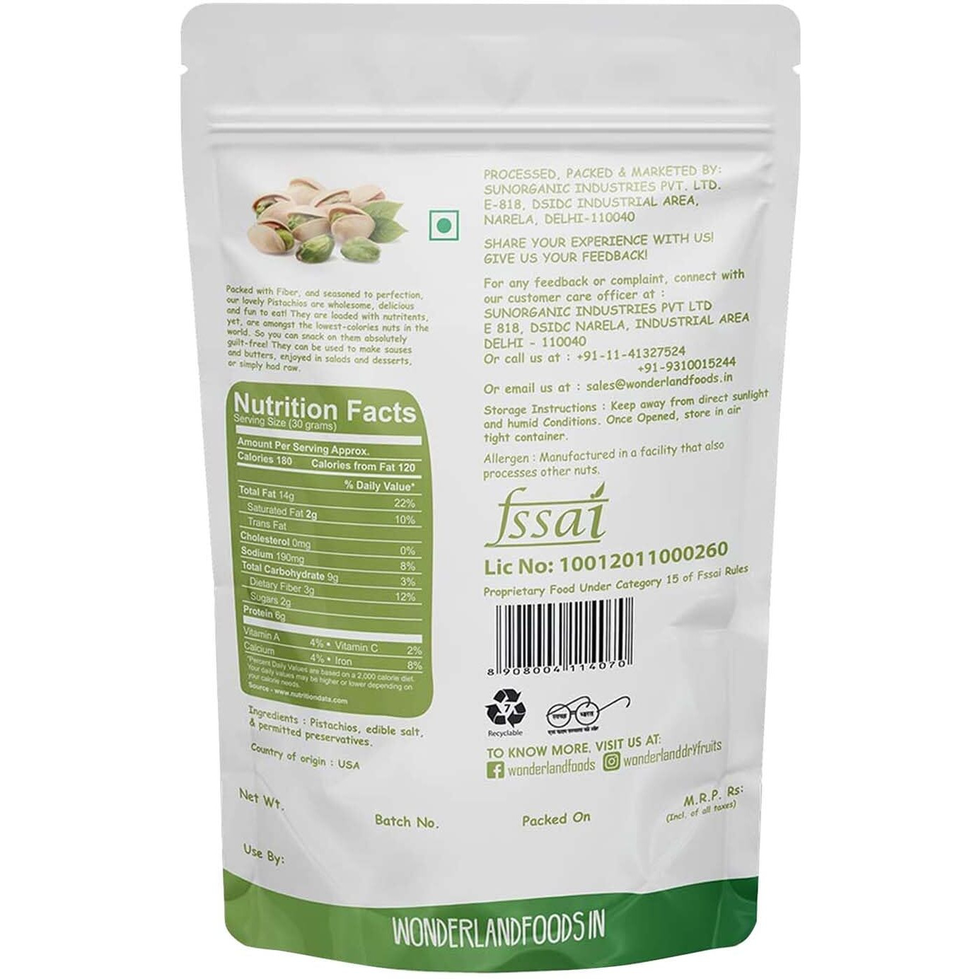 WONDERLAND FOODS (DEVICE) Dry Fruits I American California Roasted & Salted Pistachios (Pista) 800g I (200g X 4) Pouch Combo Pack