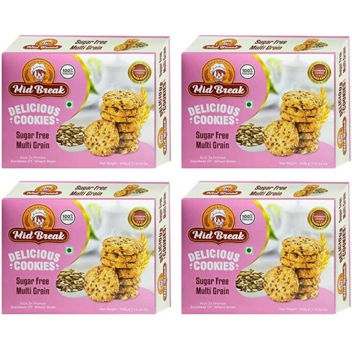 Mid Break - Sugar Free Multigrain Cookies | Multigrain Biscuits | Sugar Free Multigrain Biscuits | Premium Handmade Cookies | 300 Gm x 4 | Pack of 4