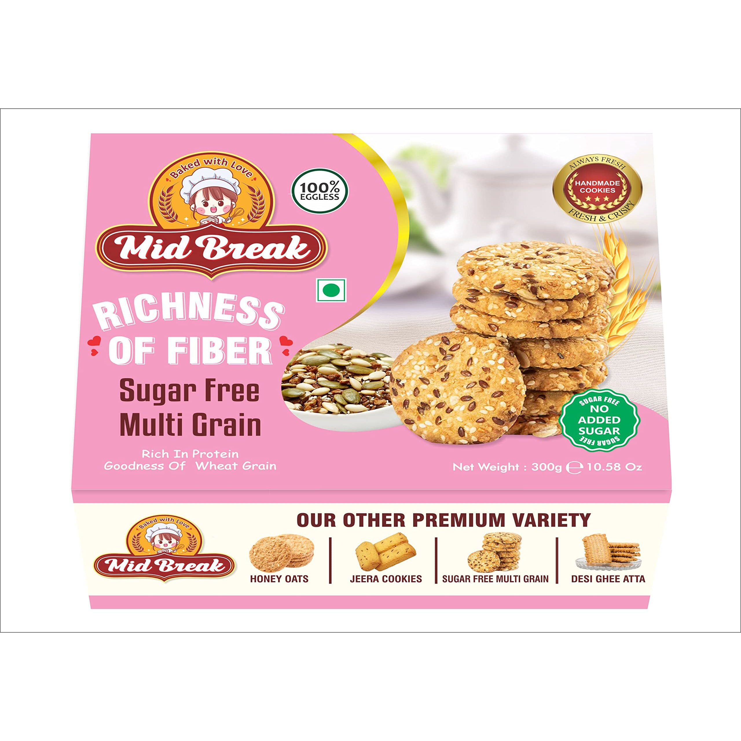 Mid Break - Sugar Free Multigrain Cookies | Multigrain Biscuits | Sugar Free Multigrain Biscuits | Premium Handmade Cookies | 300 Gm x 4 | Pack of 4