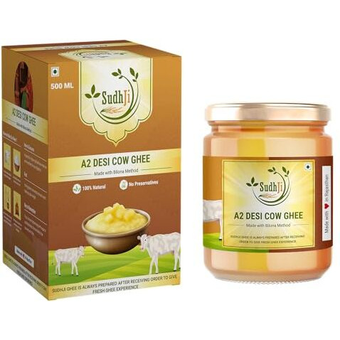 SUDHJI A2 Pure Ghee - 500 ML Glass Bottle | 100% Gir, Rathi and Sahiwal Cow Ghee | Vedic Bilona Method | Grassfed, Cultured, Premium & Traditional Ghee | Immunity Booster | Bhawan Award Winner