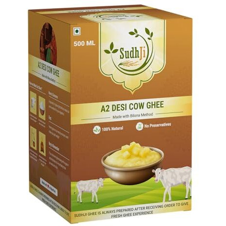 SUDHJI A2 Pure Ghee - 500 ML Glass Bottle | 100% Gir, Rathi and Sahiwal Cow Ghee | Vedic Bilona Method | Grassfed, Cultured, Premium & Traditional Ghee | Immunity Booster | Bhawan Award Winner