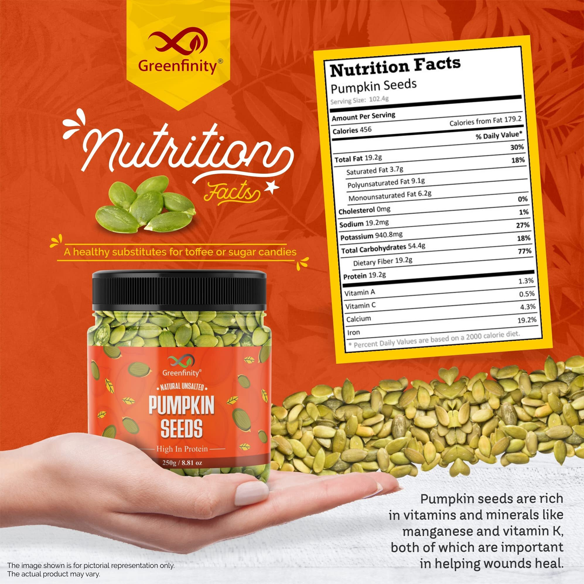 GreenFinity Healthy & Tasty Jumbo Pumpkin Seeds for Eating | Immunity Booster Diet | Protein and Rich in Fibre - 250g