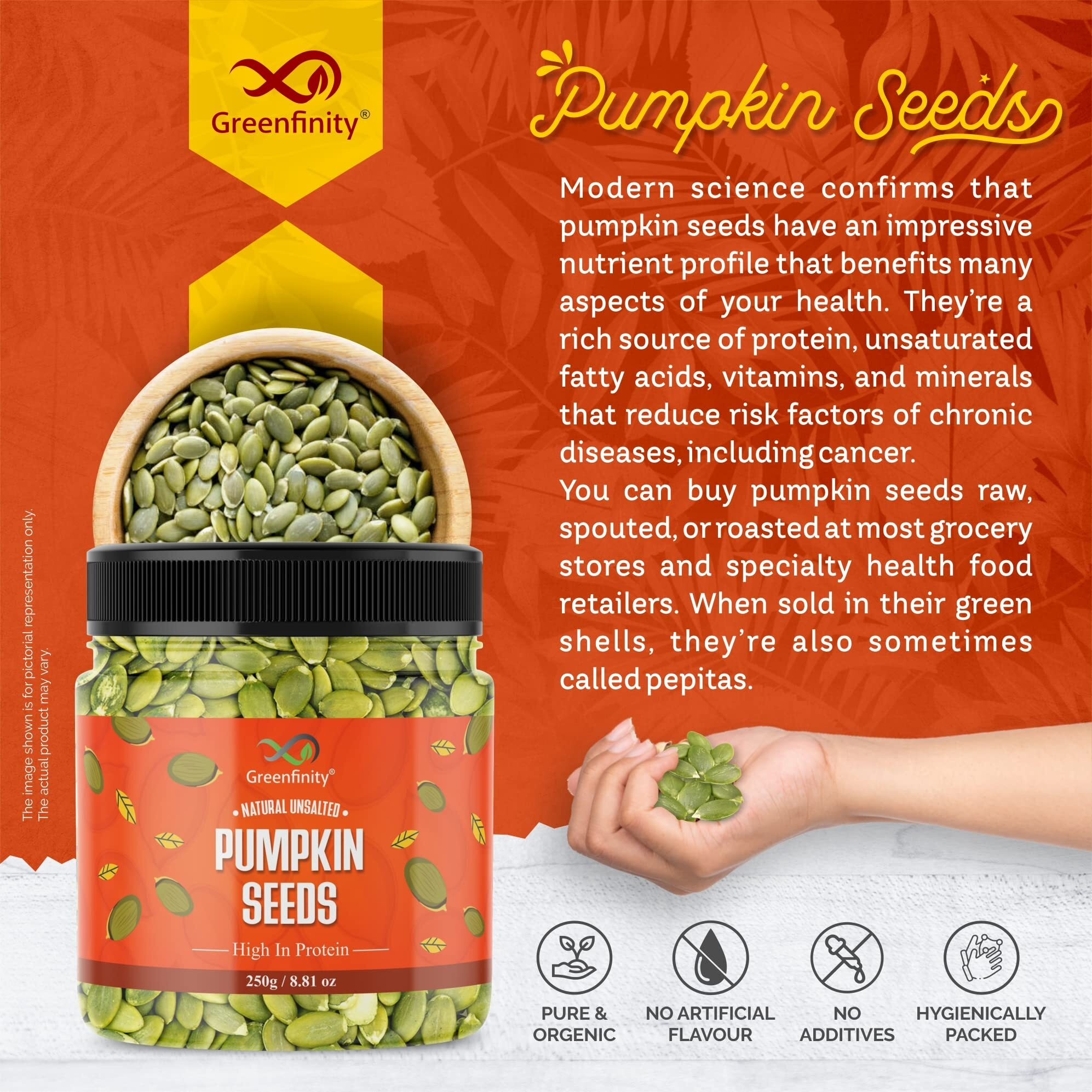 GreenFinity Raw Pumpkin Seeds Protein and Fibre Rich Superfood - Pack of 2 (250g + 250g).