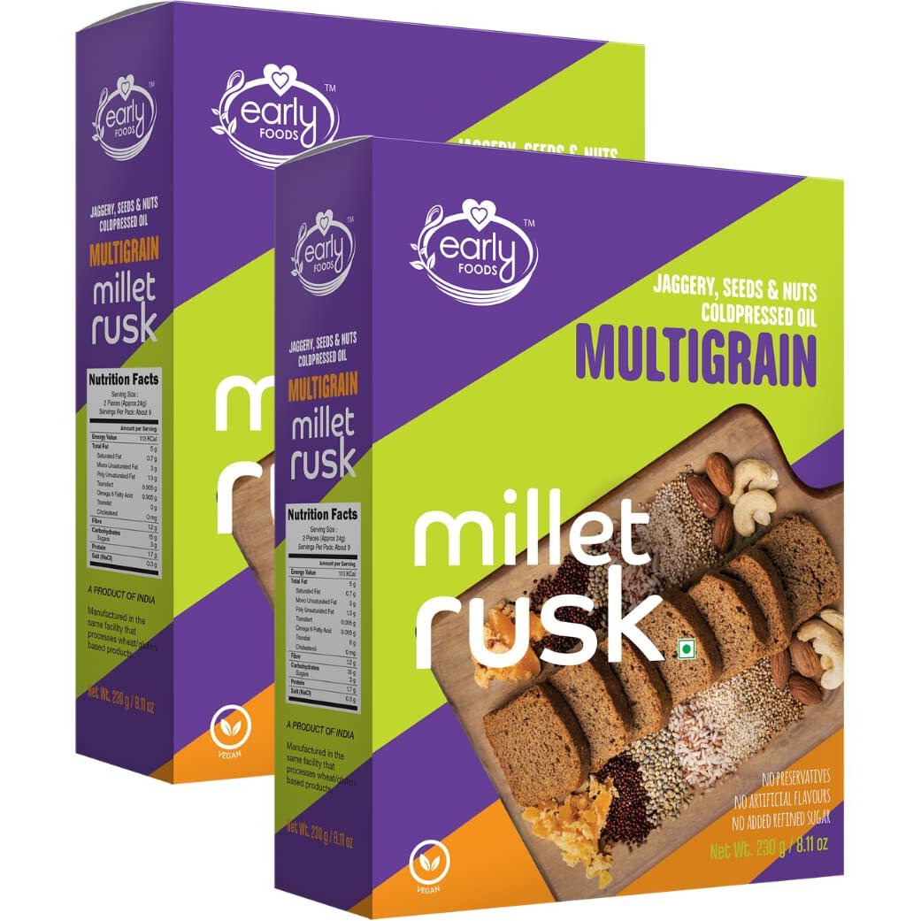 Early Foods - Pack of 2  Mulitgrain Rusks | Millet Rusk Sugar Free | No Maida Rusk | Rusks for Kids | Millet Toast Biscuits Rusk 230g x 2