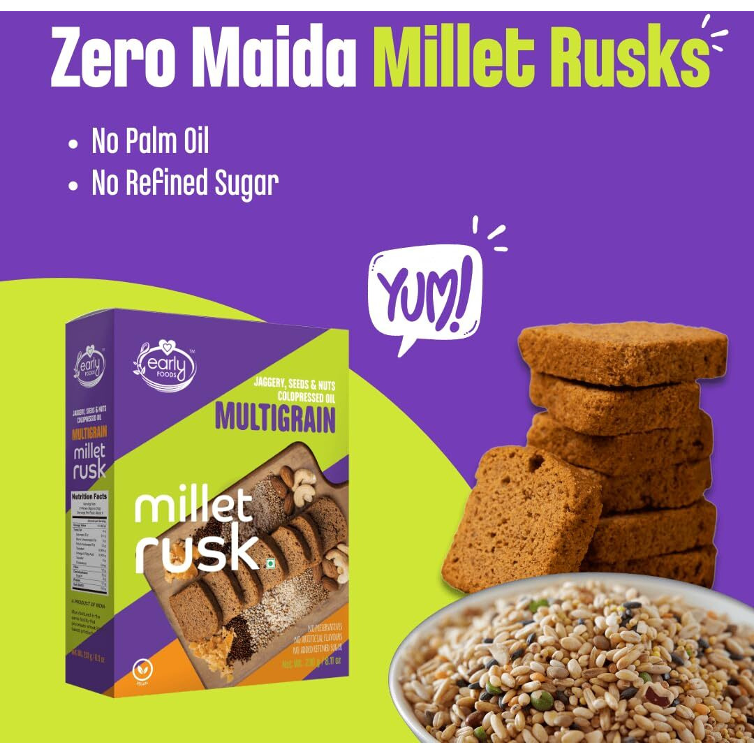 Early Foods - Pack of 2  Mulitgrain Rusks | Millet Rusk Sugar Free | No Maida Rusk | Rusks for Kids | Millet Toast Biscuits Rusk 230g x 2