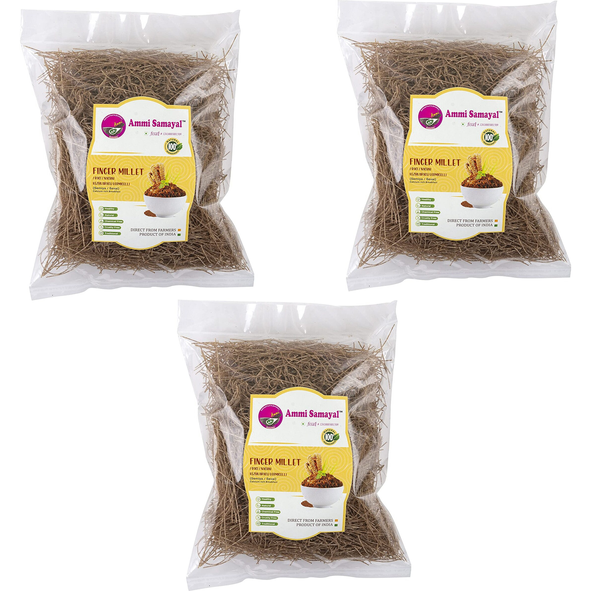 Ammi Samayal Ragi Vermicelli |No Maida Semia/Sewai Veggie Delight Ideal For Weight Loss |Tasty Finger Millet Vermicelli |Pack Of 3 | 350 Gram Each, Certified Organic