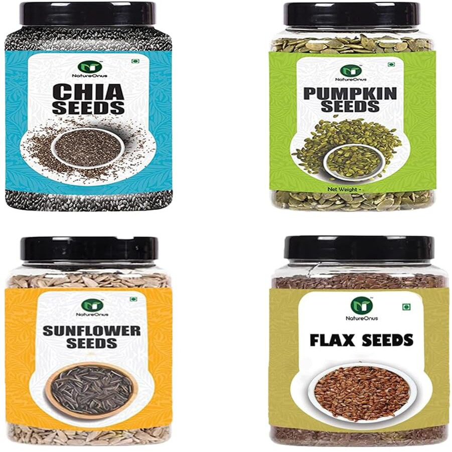 NatureOnus All Raw Seeds Combo Pack of 4- 500g | Chia Seeds , Pumpkin Seeds , Sunflower Seeds , Flax Seeds 125g Each | Seeds Mix Superfoods for Eating Rich in Antioxidants Vitamins & Minerals