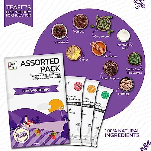 TeaFit Premium Zero Sugar Instant Assorted Tea Pack of 24 Sachets (336gm) | Ginger-Cardamom-Masala-Saffron-Lemongrass Instant Milk Tea Premix | Diabetic Friendly | Instant Tea Premix | Tea Powder