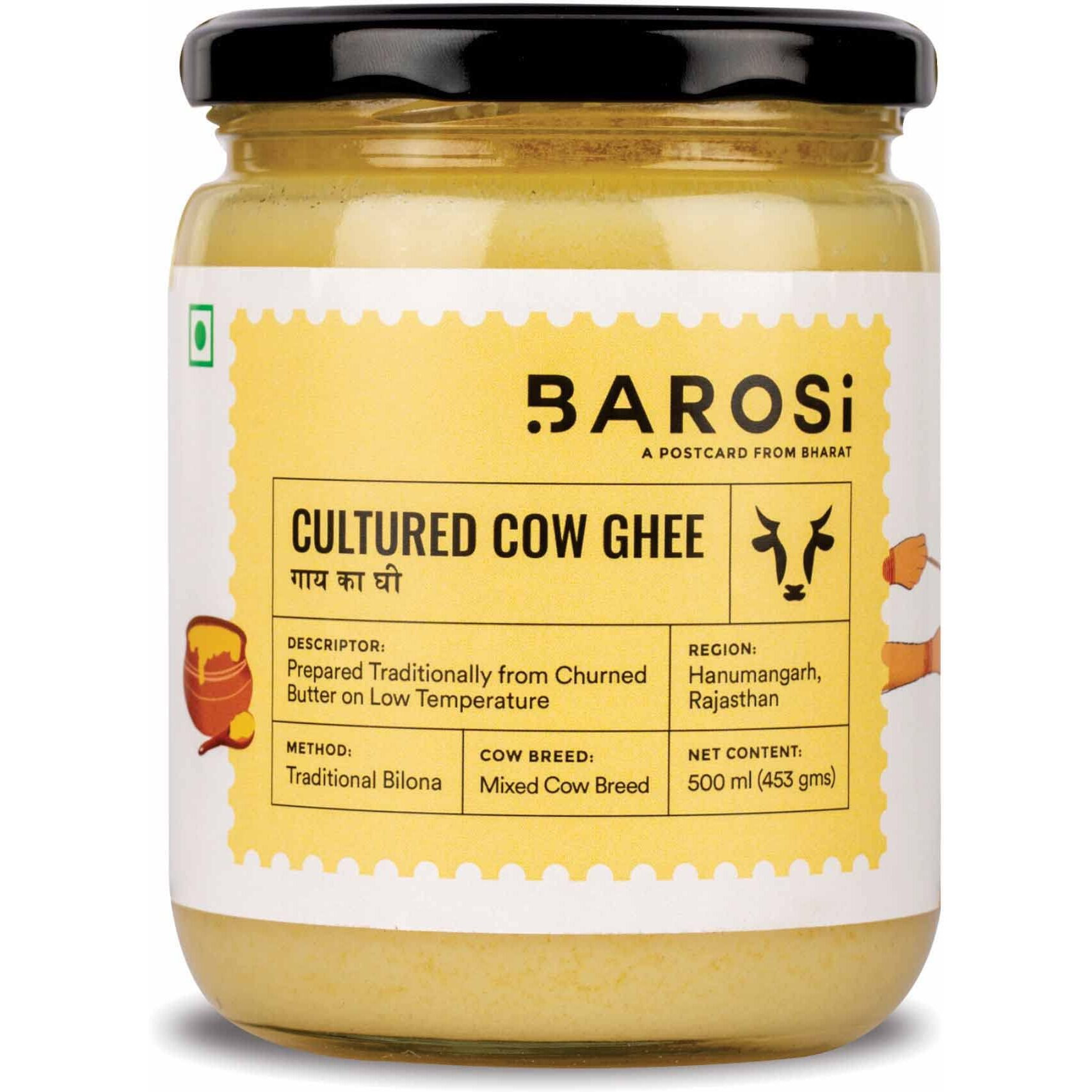 Barosi Premium Cultured Desi Cow Ghee 500 ml | Vedic Bilona Method | Churned from Curd | Pure & Natural | Farm Made in Small Batches | Glass Jar Packing