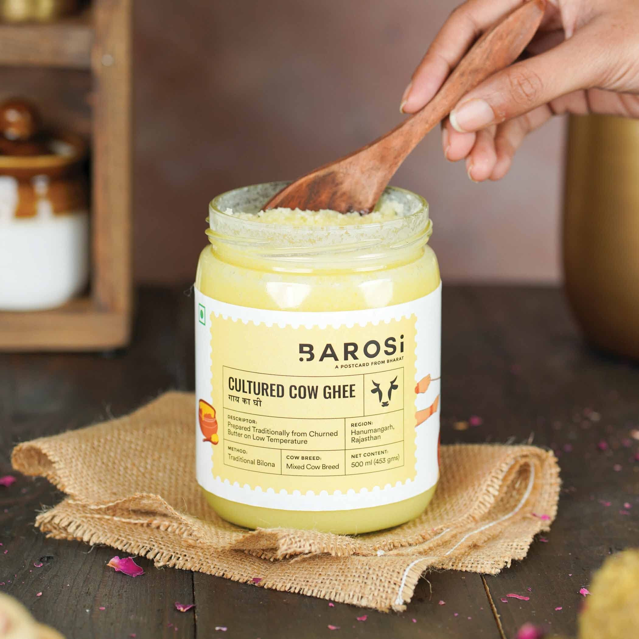 Barosi Premium Cultured Desi Cow Ghee 500 ml | Vedic Bilona Method | Churned from Curd | Pure & Natural | Farm Made in Small Batches | Glass Jar Packing