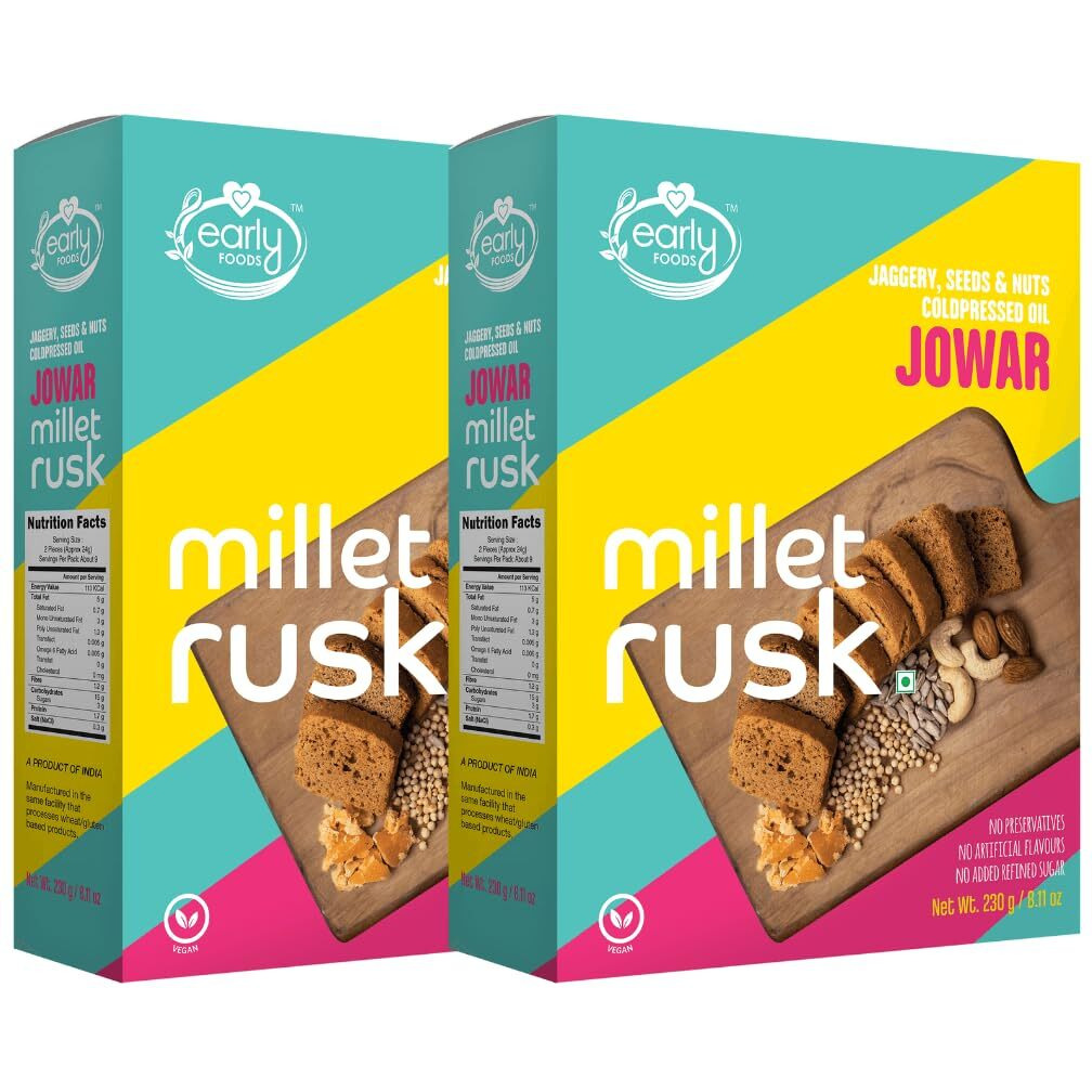 Early Foods - Pack of 2  Jowar Rusks | Millet Rusk Sugar Free | No Maida Rusk | Rusks for Kids | Millet Toast Biscuits Rusk 230g x 2