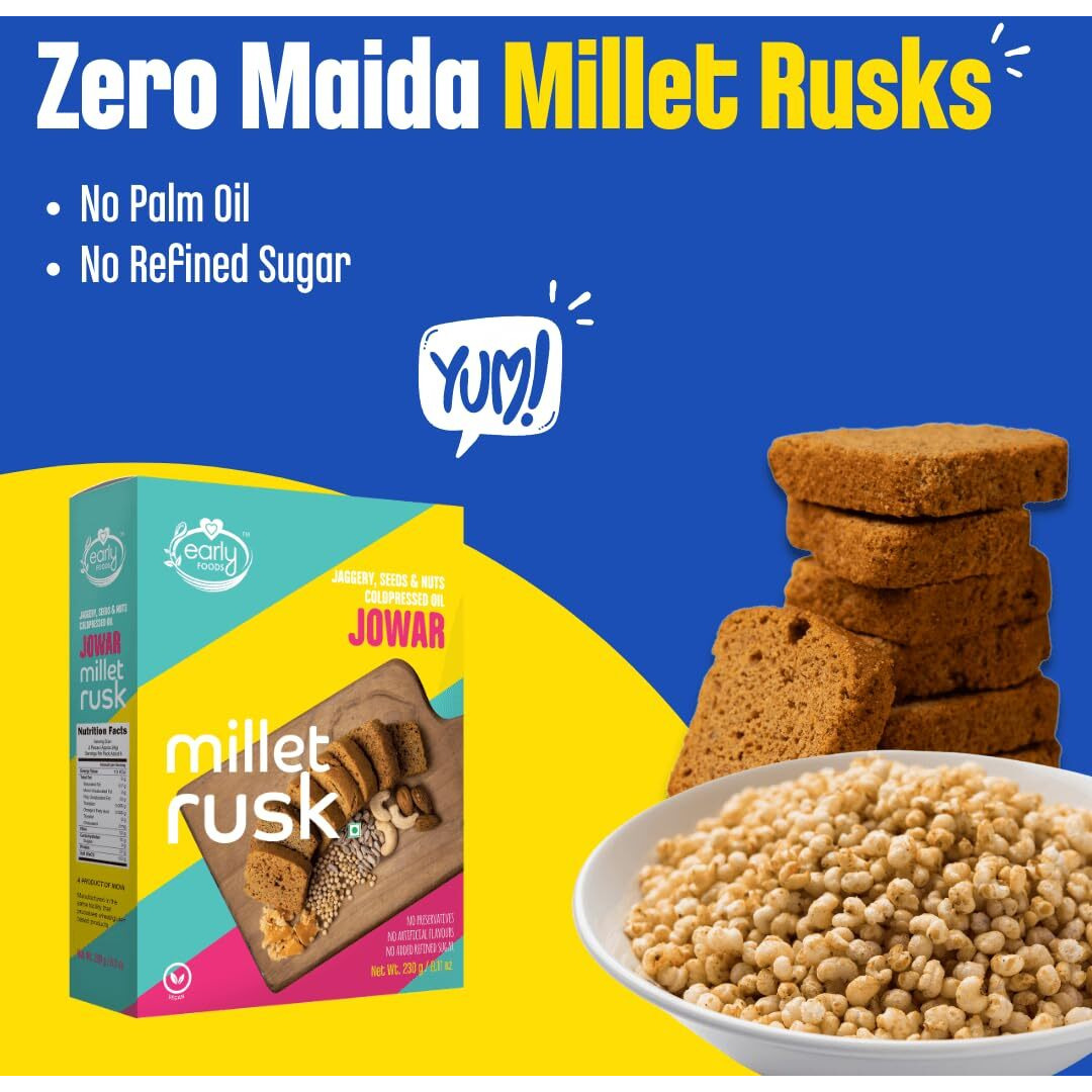 Early Foods - Pack of 2  Jowar Rusks | Millet Rusk Sugar Free | No Maida Rusk | Rusks for Kids | Millet Toast Biscuits Rusk 230g x 2