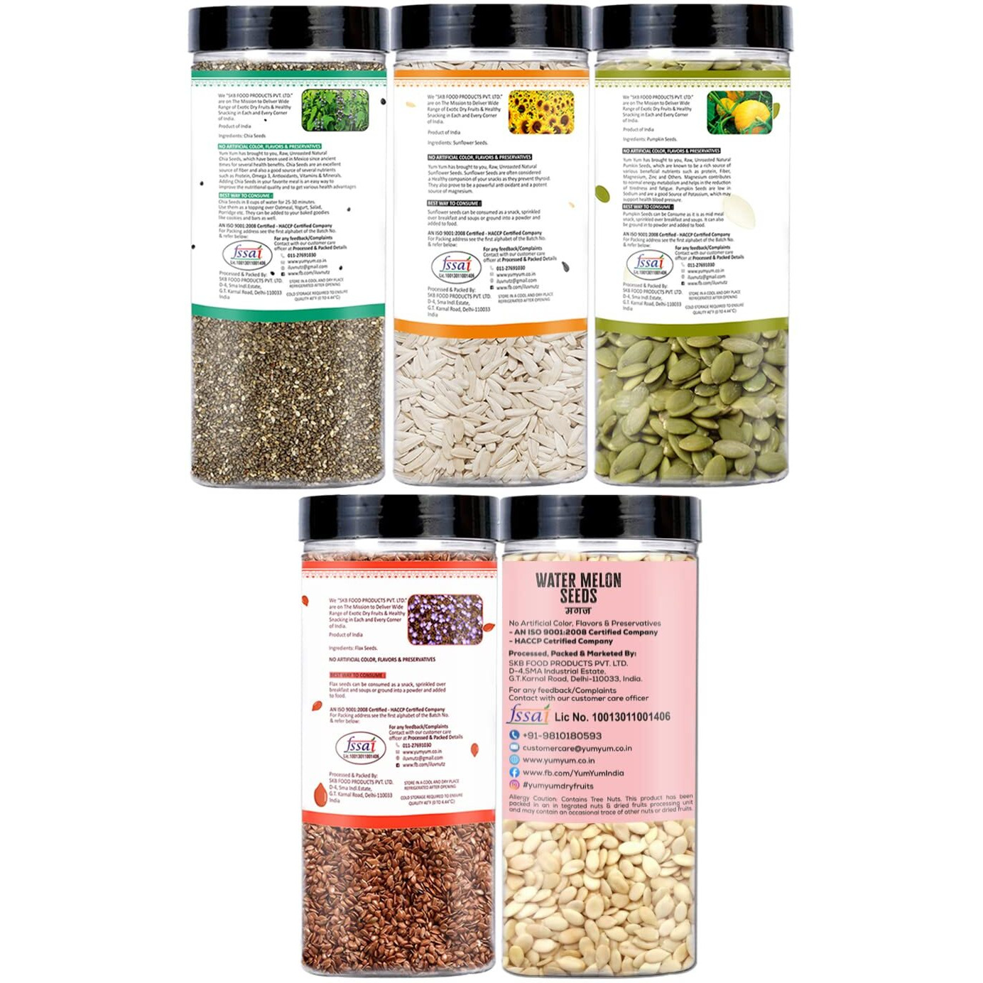 YUM YUM Healthy Edible Seeds Combo for Eating 1kg (Pack of 5-200g Jar Each) Roasted Seeds Mix (Chia, Sunflower, Pumpkin, Flax & Watermelon Seeds) - Mixed Seeds | Diet Snacks| Boost Immunity| Mix Seeds