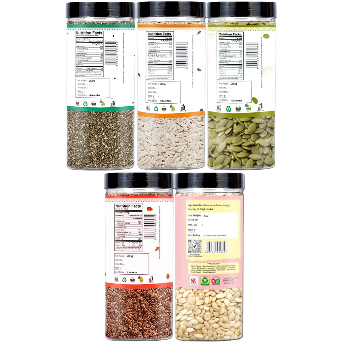 YUM YUM Healthy Edible Seeds Combo for Eating 1kg (Pack of 5-200g Jar Each) Roasted Seeds Mix (Chia, Sunflower, Pumpkin, Flax & Watermelon Seeds) - Mixed Seeds | Diet Snacks| Boost Immunity| Mix Seeds