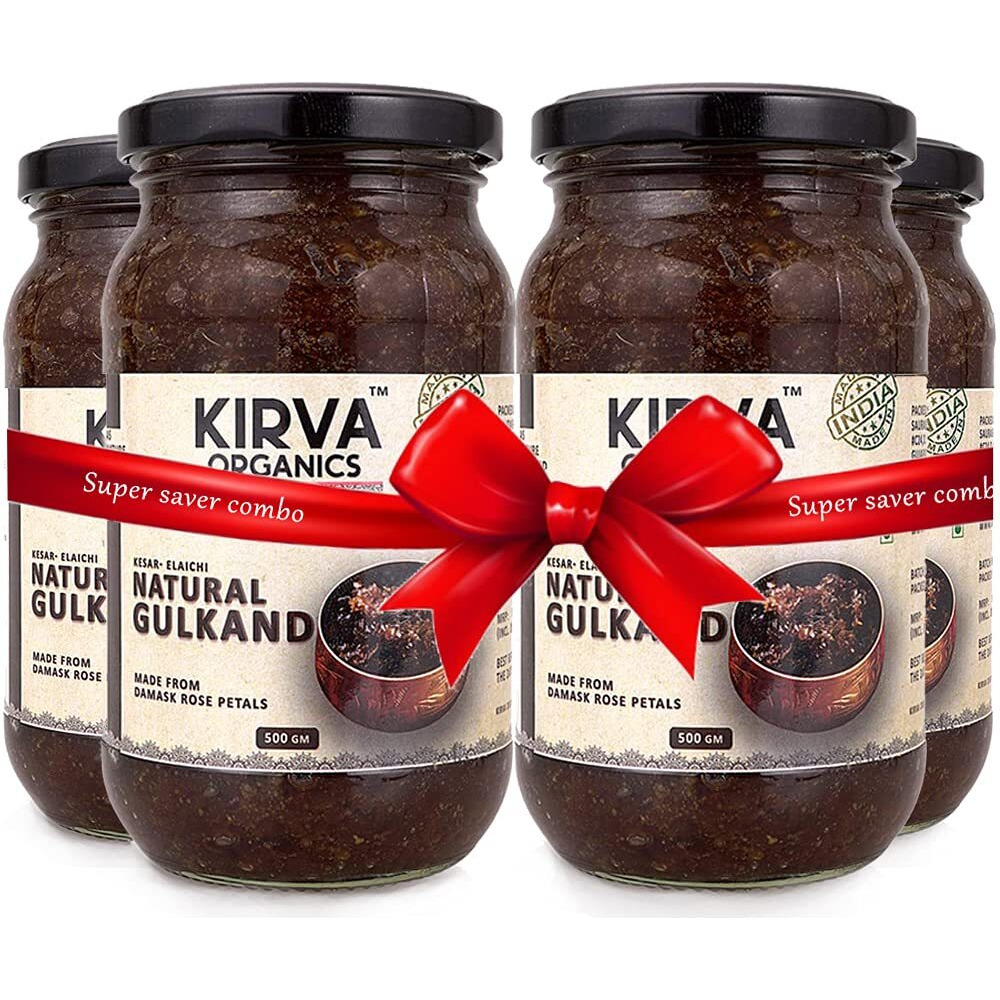 Kirva Organics Natural Gulkand | Damask Rose Petals & Rock Sugar - Kesar Elaichi - 500gm x 4