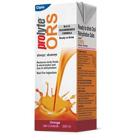 Cipla Prolyte ORS Ready to Drink Oral Rehydration Contains Vital Electrolytes | Restores Body Fluids & Electrolytes Lost Due to Sweating, Diarrhea & Vomiting | WHO Formula (Orange liquid, Pack of 30)
